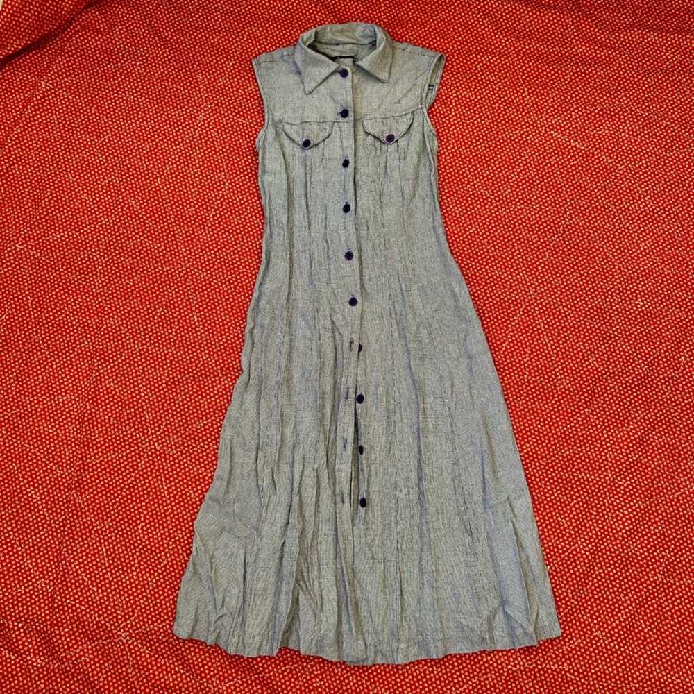 Vintage 90s Sleeveless Gingham Check Button Front Midi Shirt Dress Blue White
